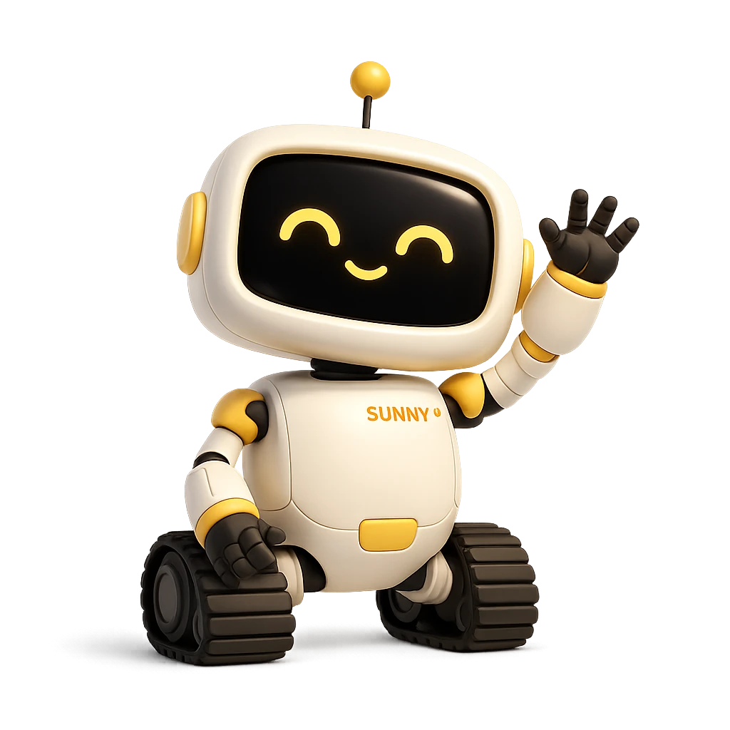 Sunny, the studio's little robot explorer, waving hello